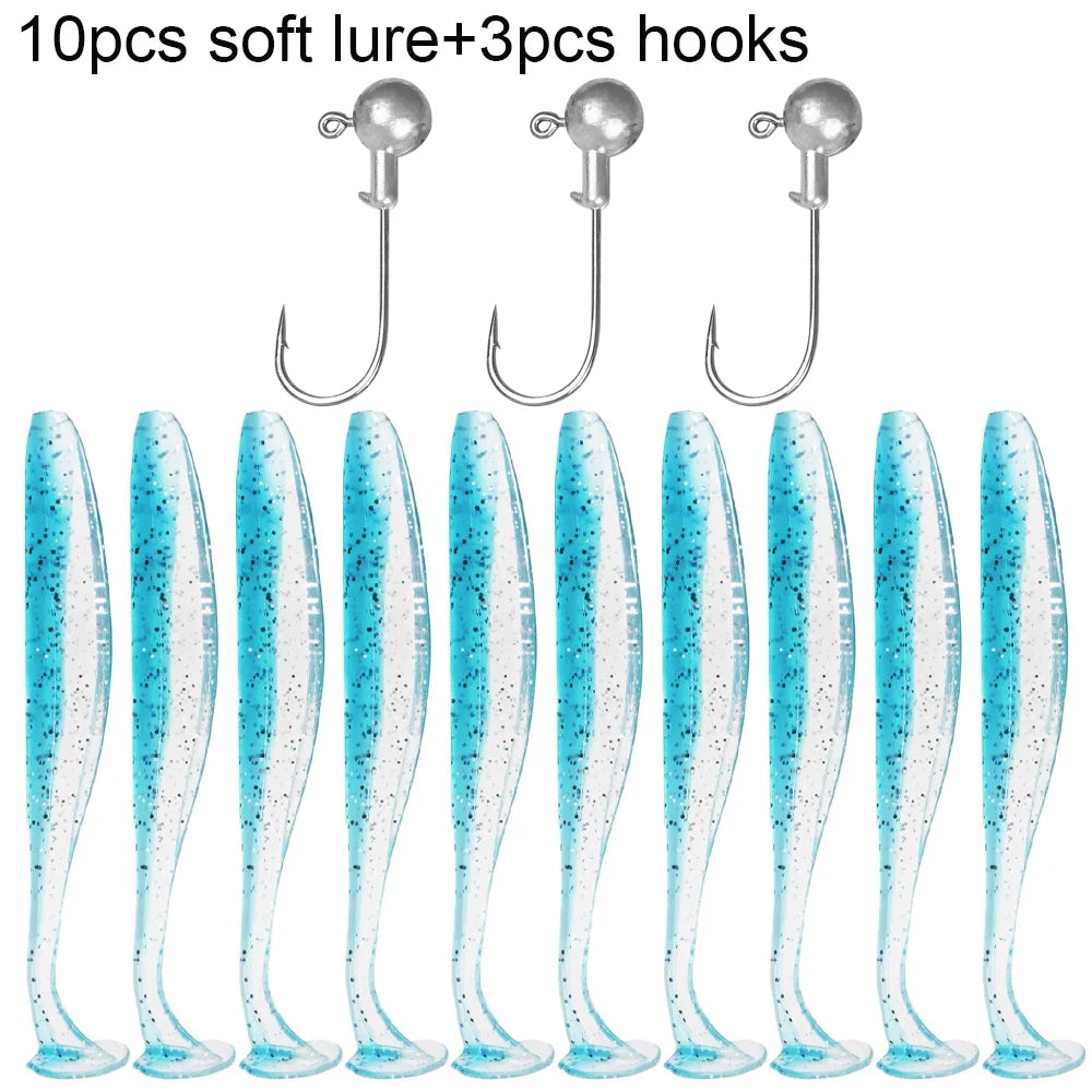 10PCS 5.5cm 7cm 10cm T Tail Worm 3PCS Jigging Head Hook 3g 5g 10g