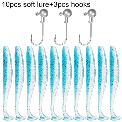 10PCS 5.5cm 7cm 10cm T Tail Worm 3PCS Jigging Head Hook 3g 5g 10g