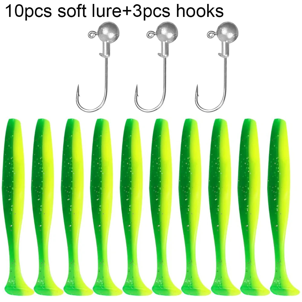 10PCS 5.5cm 7cm 10cm T Tail Worm 3PCS Jigging Head Hook 3g 5g 10g