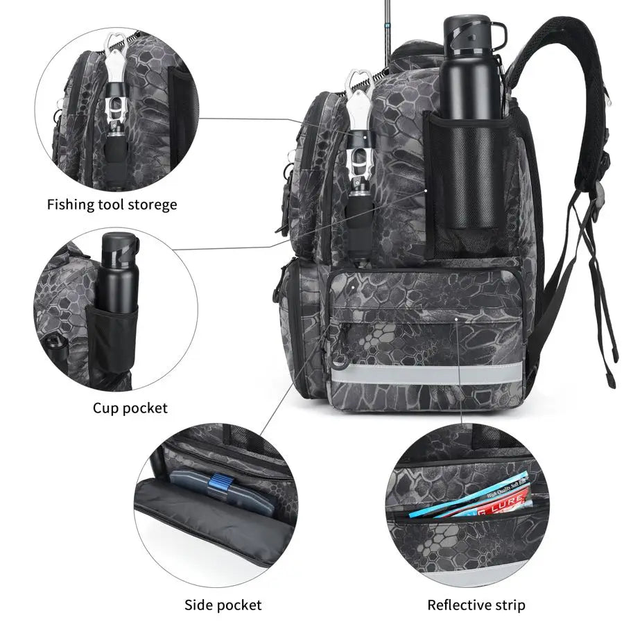 Fishing Tackle Backpack, 45L Storage Waterproof Travel Bag with Insulated Top Pocket