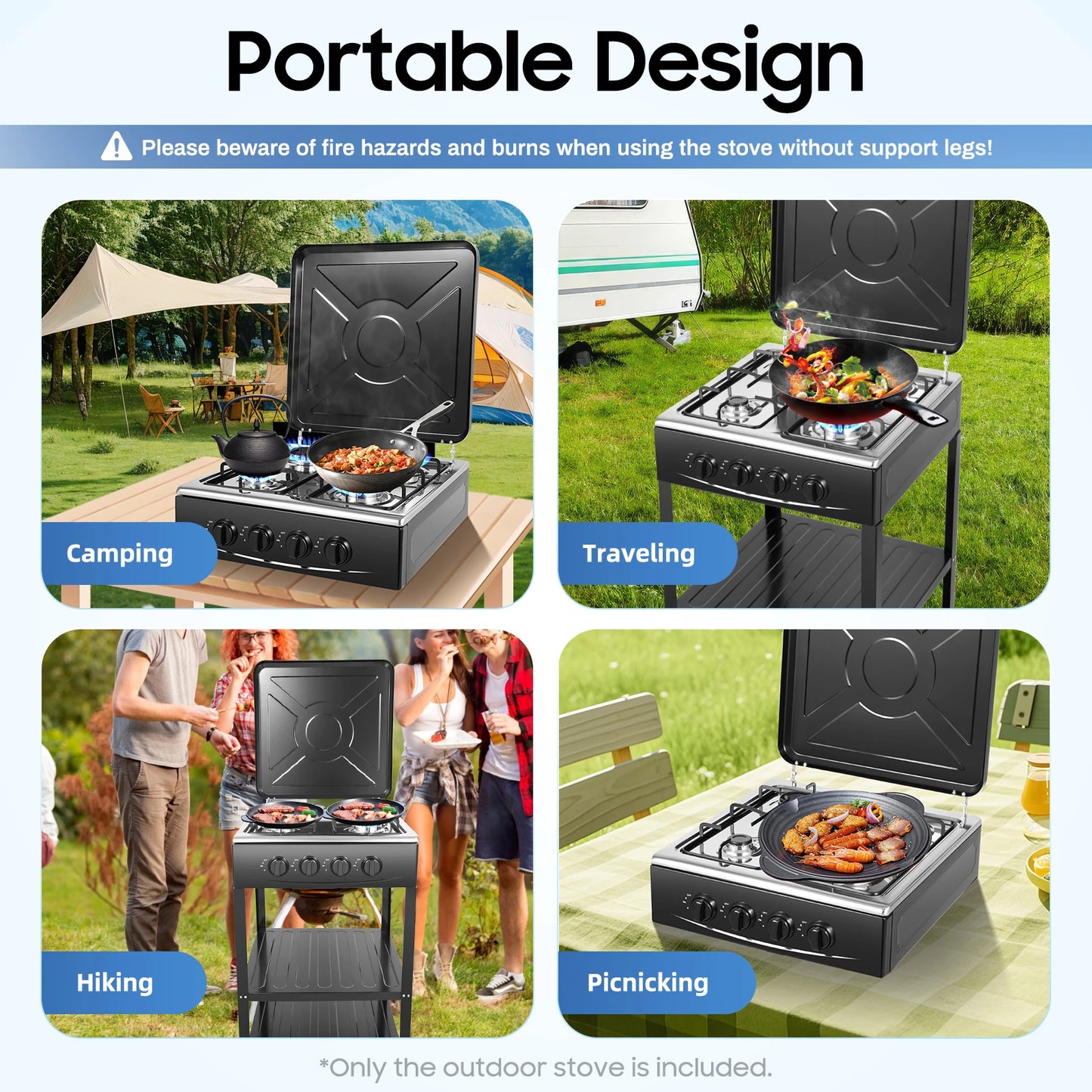 4 Burners Gas Stove Propane Removable Smokeless Barbecue W/Movable Storage Bracket