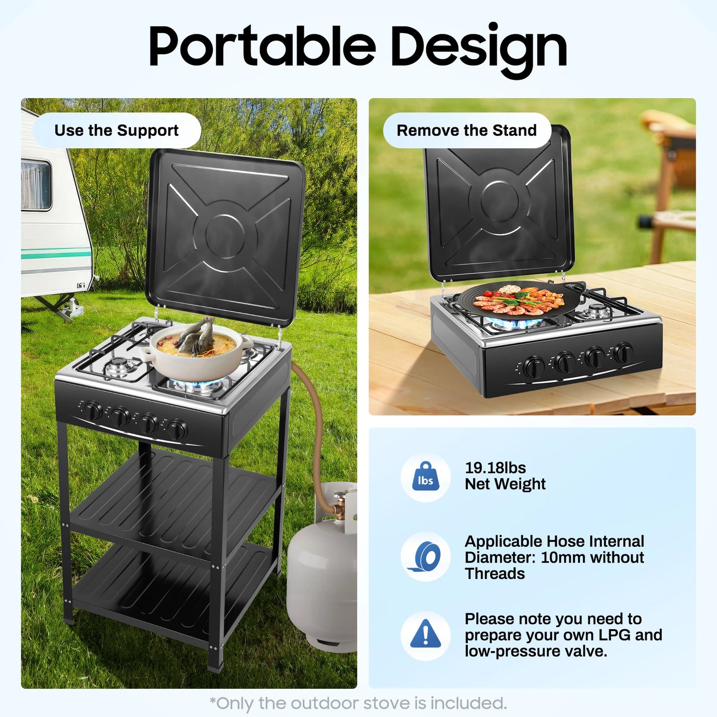 4 Burners Gas Stove Propane Removable Smokeless Barbecue W/Movable Storage Bracket