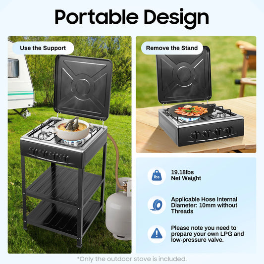 4 Burners Gas Stove Propane Removable Smokeless Barbecue W/Movable Storage Bracket