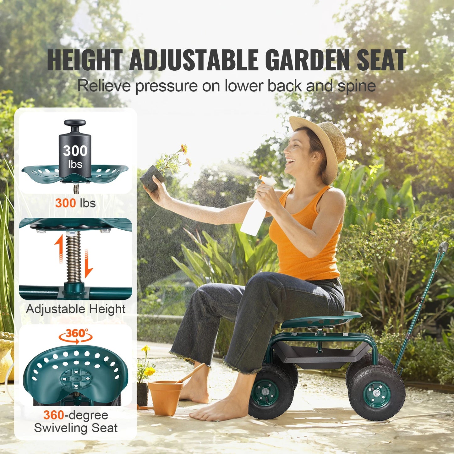 Rolling Workseat with Wheels Gardening Stool 360Degree Swivel Seat  Scooter with Steering
