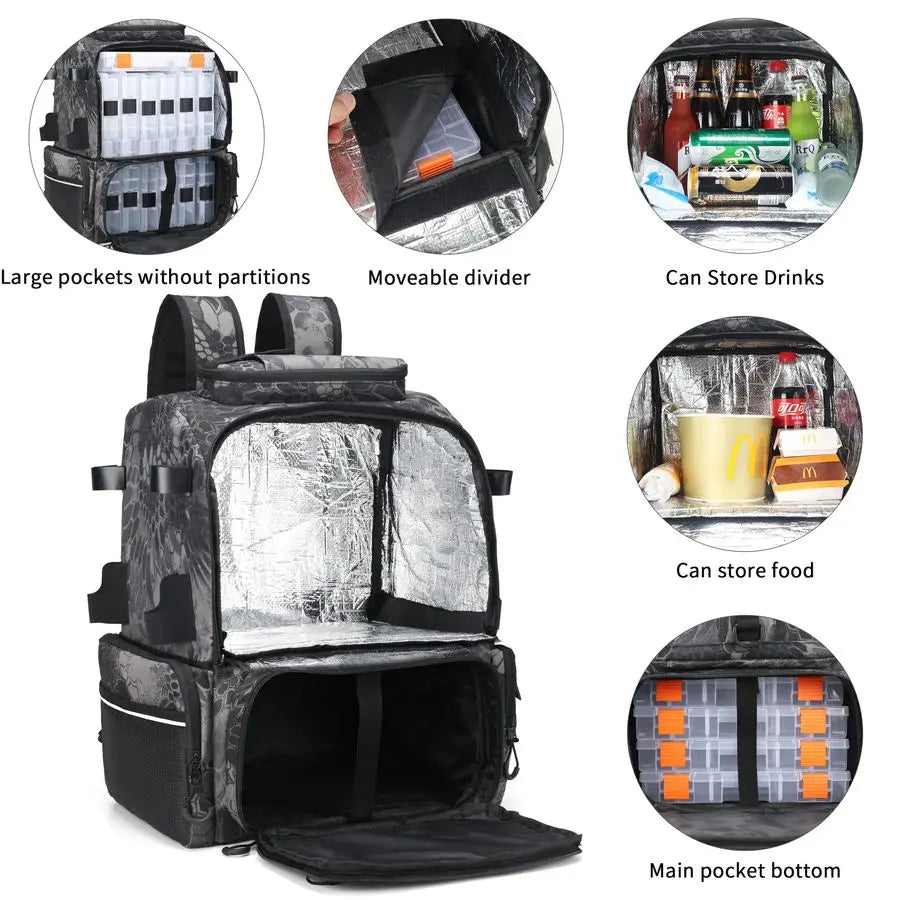 Fishing Tackle Backpack, 45L Storage Waterproof Travel Bag with Insulated Top Pocket