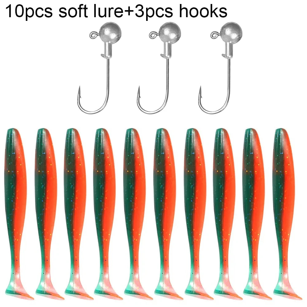 10PCS 5.5cm 7cm 10cm T Tail Worm 3PCS Jigging Head Hook 3g 5g 10g