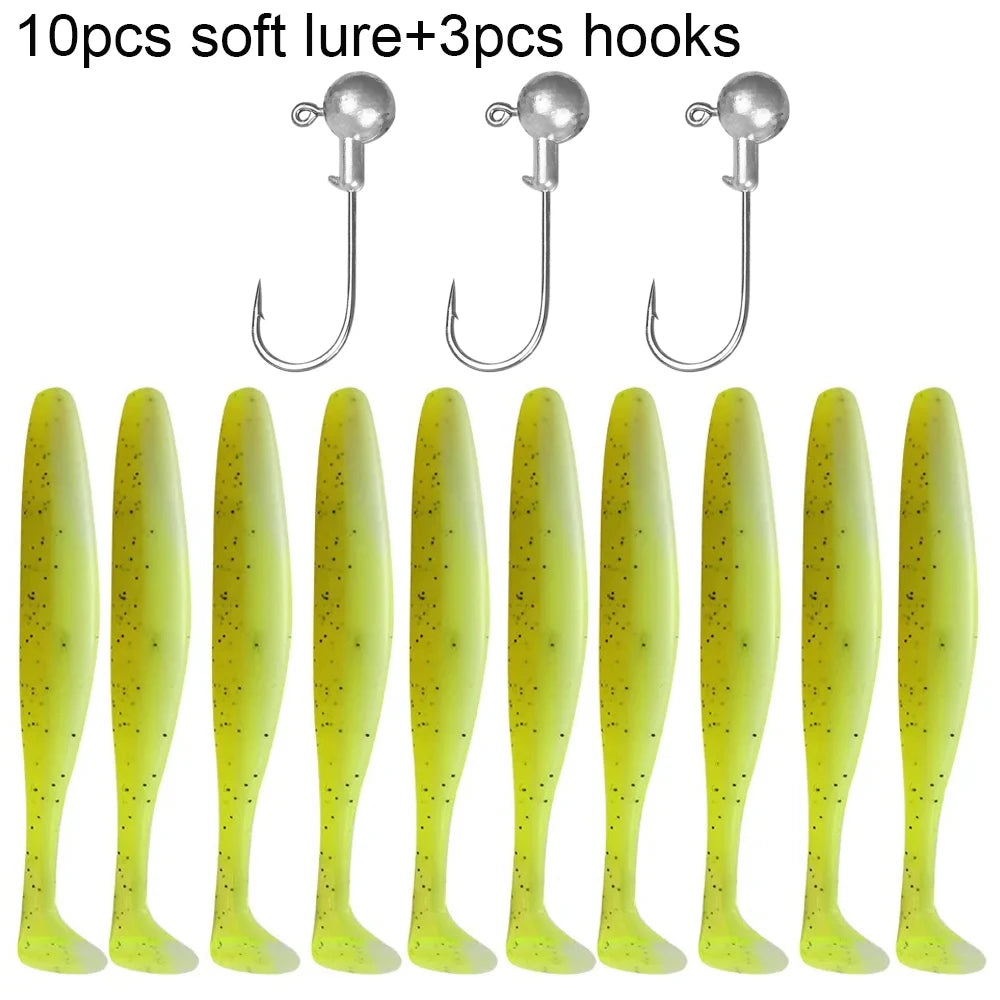 10PCS 5.5cm 7cm 10cm T Tail Worm 3PCS Jigging Head Hook 3g 5g 10g