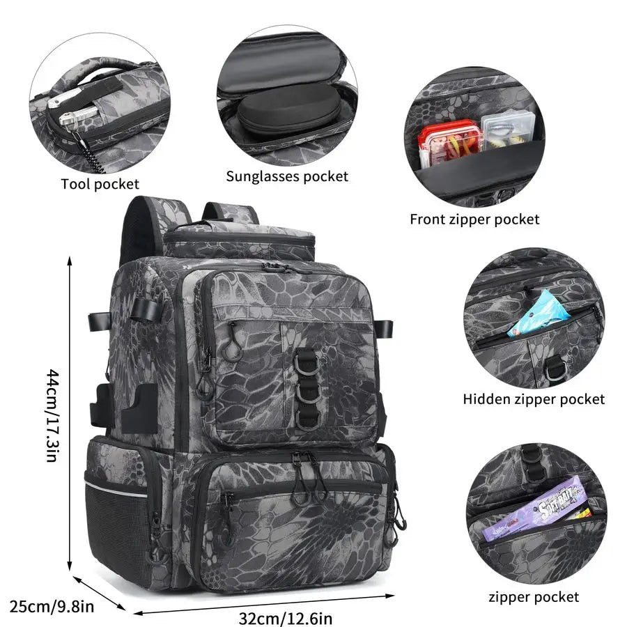 Fishing Tackle Backpack, 45L Storage Waterproof Travel Bag with Insulated Top Pocket