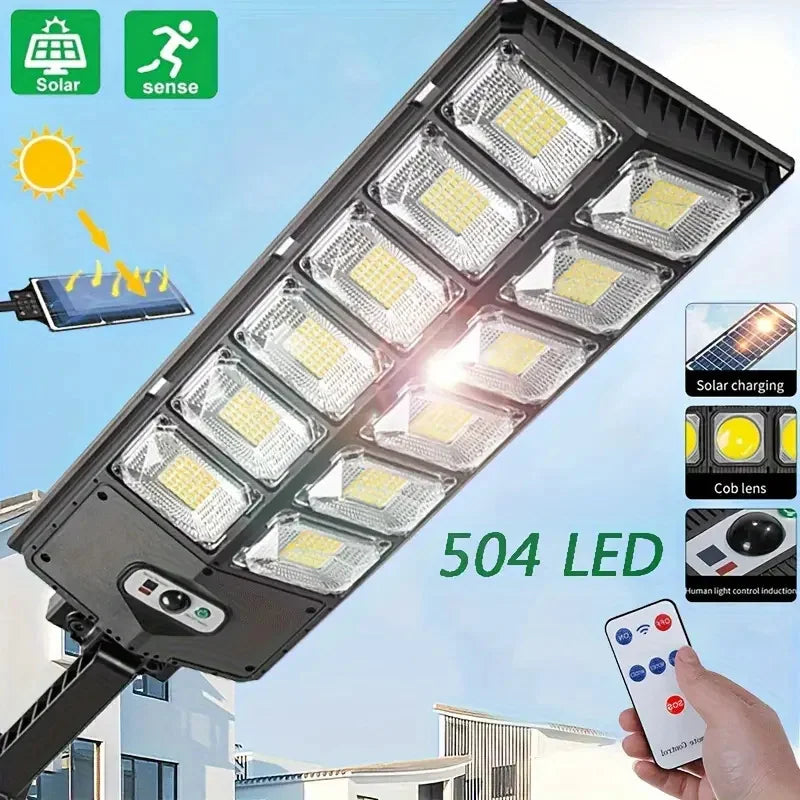 504LED uitra-Bright Solar Street lght Wide Angle Motion Sensor, RemoteControl,Energy-Efflcient, Waterproof 4300mah