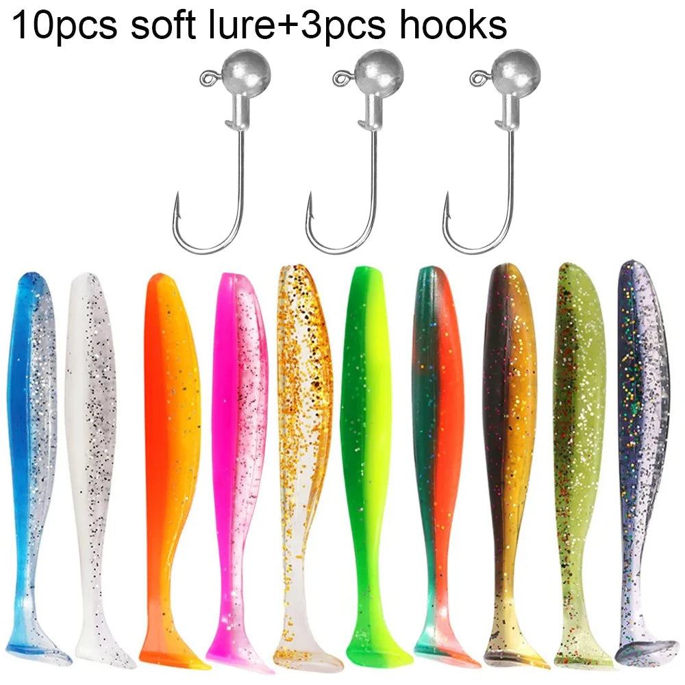 10PCS 5.5cm 7cm 10cm T Tail Worm 3PCS Jigging Head Hook 3g 5g 10g