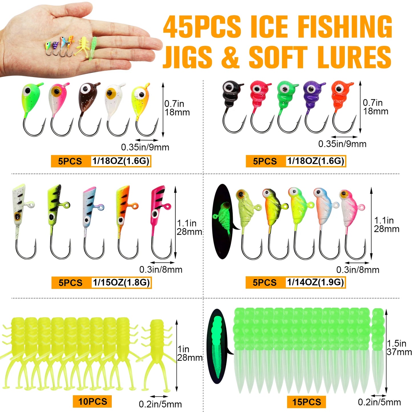 45pcs  Ice Fishing Jigs Ice Fishing Lures Walleye Fishing Lures Crappie Jigs