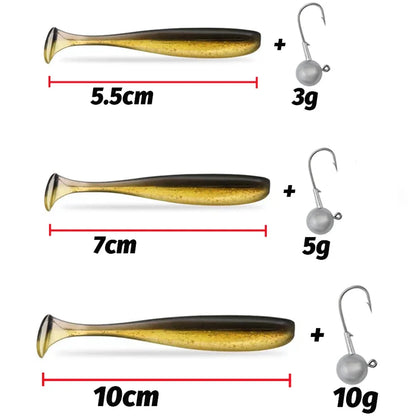 10PCS 5.5cm 7cm 10cm T Tail Worm 3PCS Jigging Head Hook 3g 5g 10g