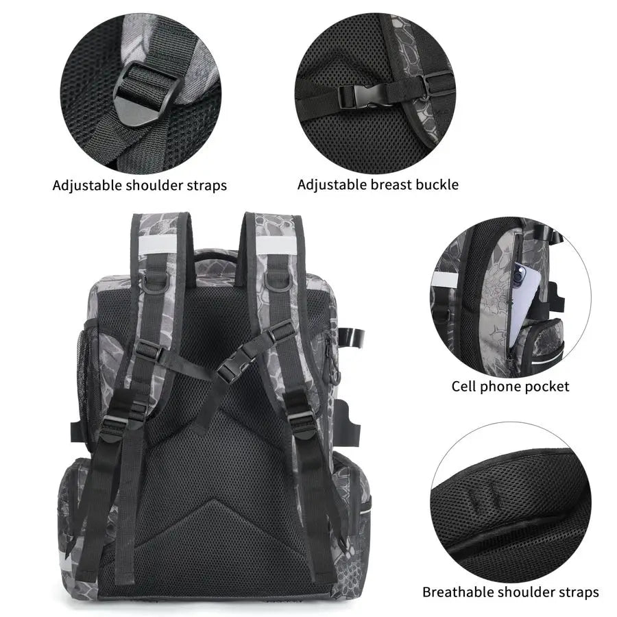 Fishing Tackle Backpack, 45L Storage Waterproof Travel Bag with Insulated Top Pocket