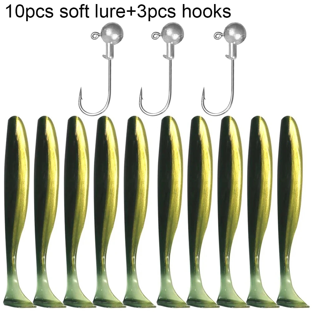 10PCS 5.5cm 7cm 10cm T Tail Worm 3PCS Jigging Head Hook 3g 5g 10g