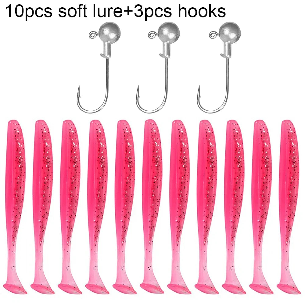 10PCS 5.5cm 7cm 10cm T Tail Worm 3PCS Jigging Head Hook 3g 5g 10g