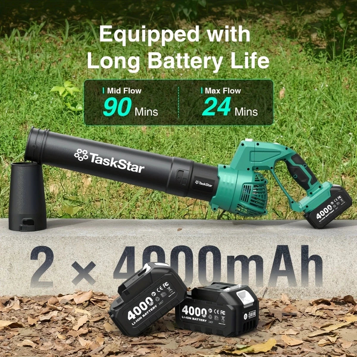 TaskStar Electric Leaf Blower 550CFM 150MPH Brushed Motor 5-Speed Rotating Head Airblower For Lawn Garden 4.0Ah Battery Powered