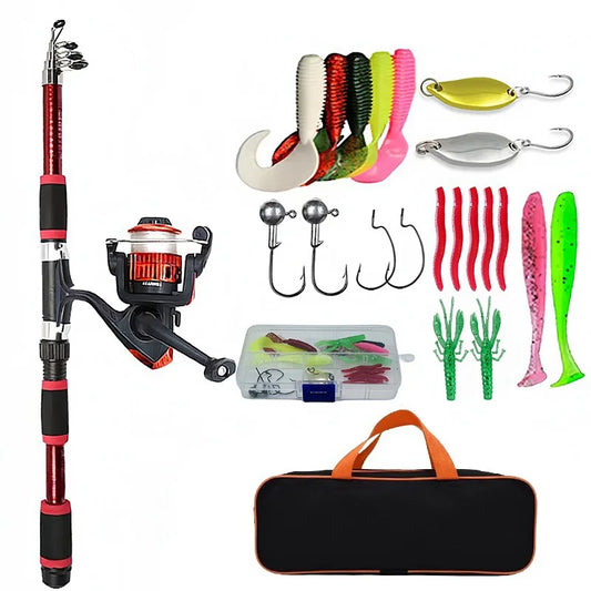 Fishing Pole Set Full Kits With Telescopic Fishing Rod And Spinning Reel Baits Hooks Travel Pole
